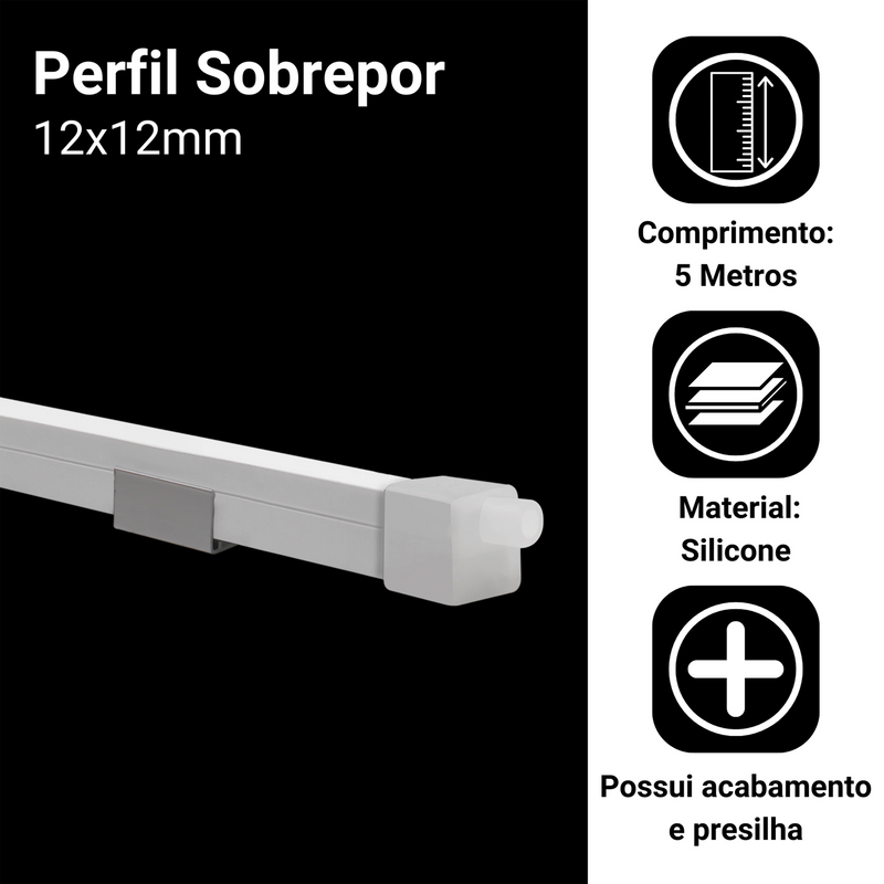 Perfil de Sobrepor em Silicone Flexível 12x12mm – Acabamento Profissional para Fitas de LED