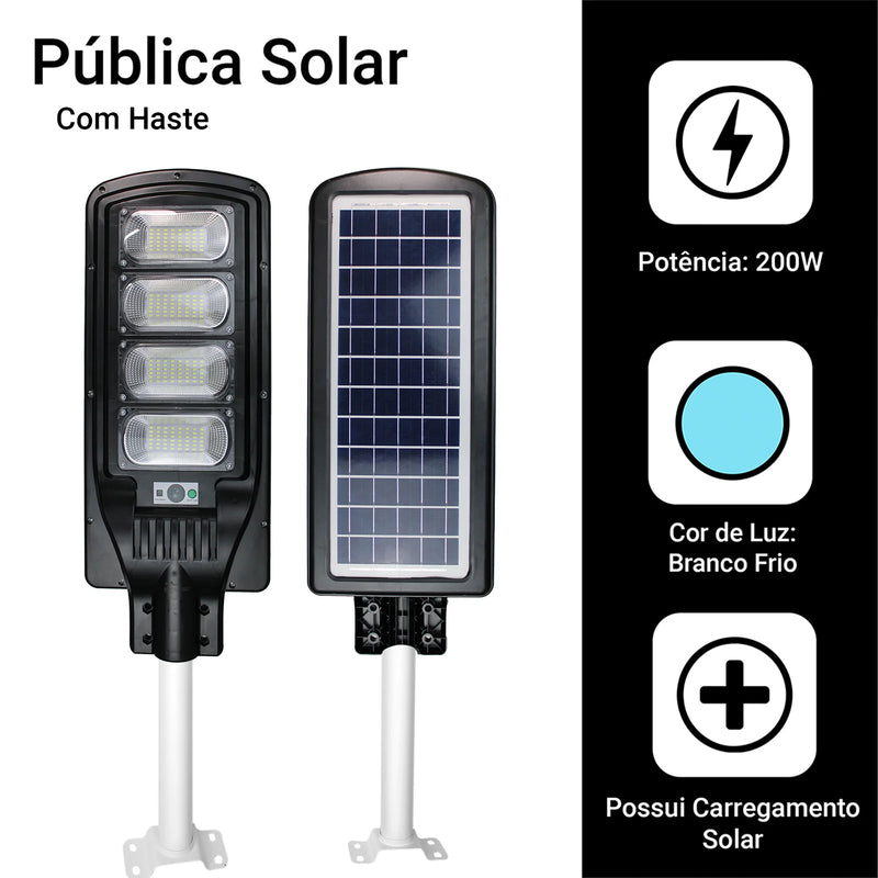 Luminária Solar LED Pública 200W com Poste e Controle – Iluminação Potente, Econômica e 100% Sustentável
