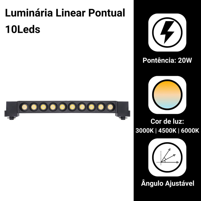 Luminária LED Linear Pontual para Trilho 10LED 20W Bivolt Preta – Iluminação Sofisticada e Eficiente