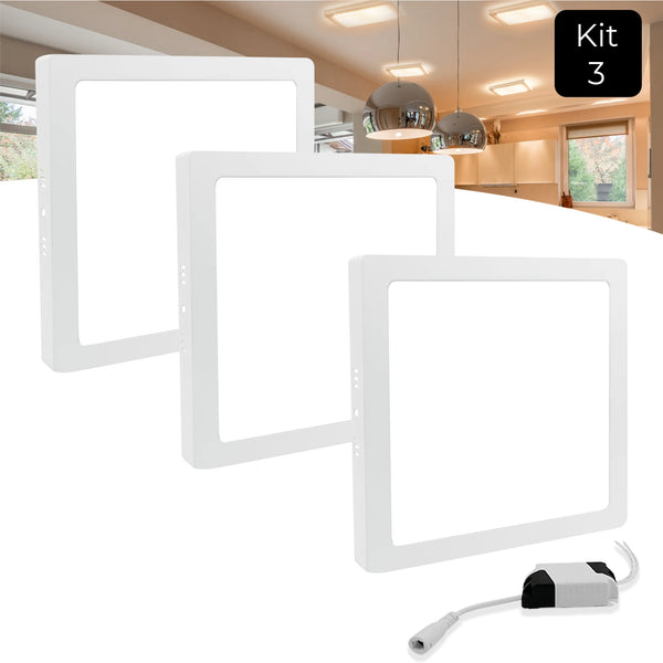 Kit com 3 Painéis LED 18W Sobrepor Quadrado – Luz Quente e Elegância em Três Pontos
