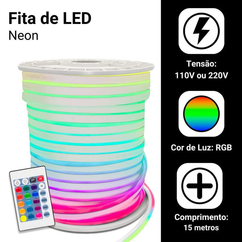 Fita Neon LED Flexível 15m com Fonte e Controle RGB – Ilumine, Decore e Personalize com Estilo