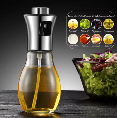 Spray Pulverizador de Azeite e Vinagre 200ml em Vidro e Inox – Precisão, Estilo e Saúde na Cozinha
