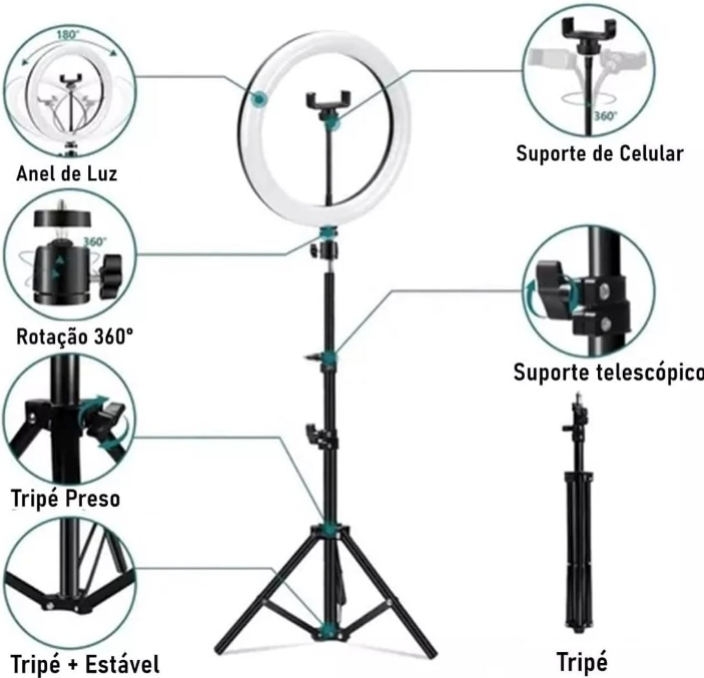 Kit Profissional Ring Light com Tripé 2,10m – Iluminação Perfeita para Fotos, Vídeos e Lives