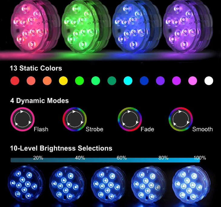 Luminária de Piscina RGB Sem Fio com Controle Remoto – Ilumine com Estilo e Tecnologia