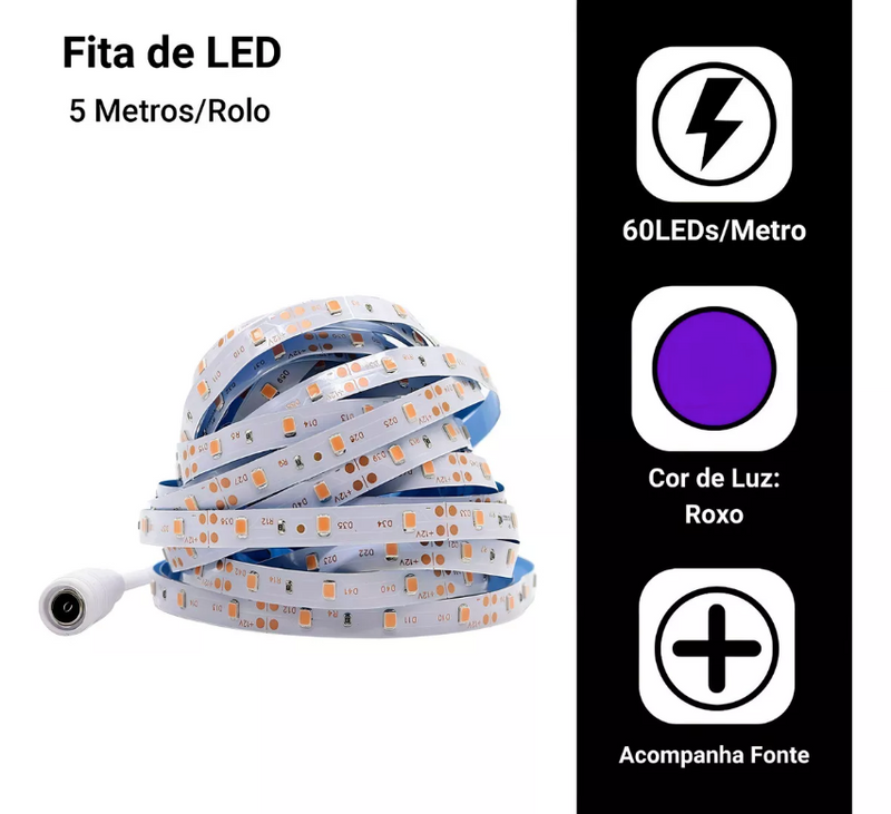 Fita LED UV Luz Negra 5 Metros com Fonte – Efeitos Incríveis com Estilo e Versatilidade