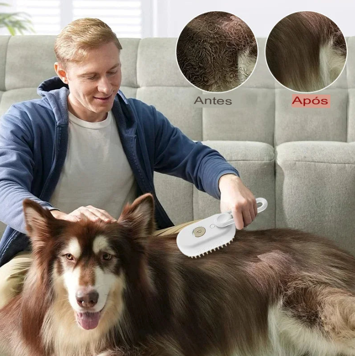 Escova de Vapor para Pets 3 em 1 – Mais Conforto, Menos Nós e Um Pelo Brilhante