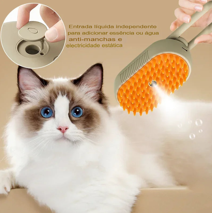 Escova de Vapor para Pets 3 em 1 – Mais Conforto, Menos Nós e Um Pelo Brilhante