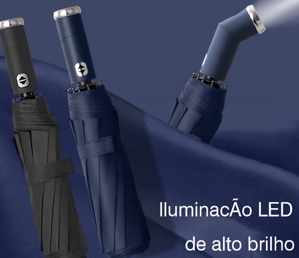 Guarda-Chuva Dobrável Automático com 10 Varetas e Luz LED – Proteção Contra Chuva, Vento e Sol