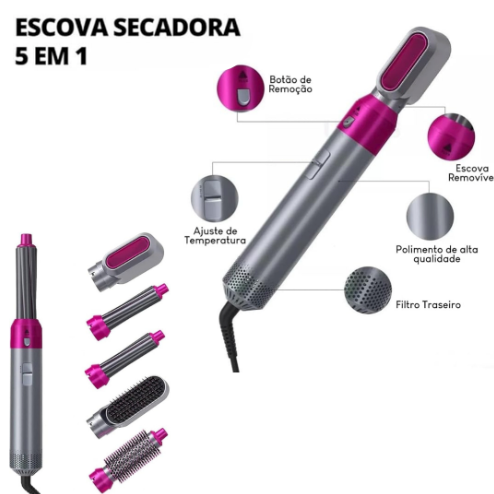 Escova Secadora de Cabelo 5 em 1 Multifuncional Preto – Cabelos Perfeitos em Minutos