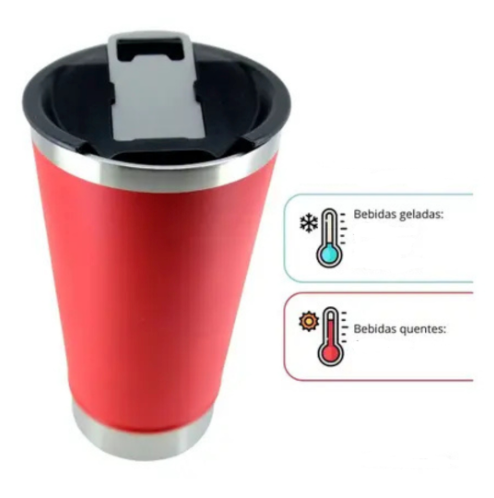 Copo Térmico Inox 473ml com Tampa e Abridor Vermelho – Estilo, Praticidade e Temperatura na Medida Certa