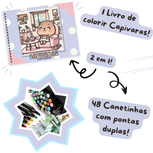 Kit Livro de Colorir CAPIVARA (Roxo) + 48 Canetas – Diversão Criativa com o Animal Mais Fofo do Brasil