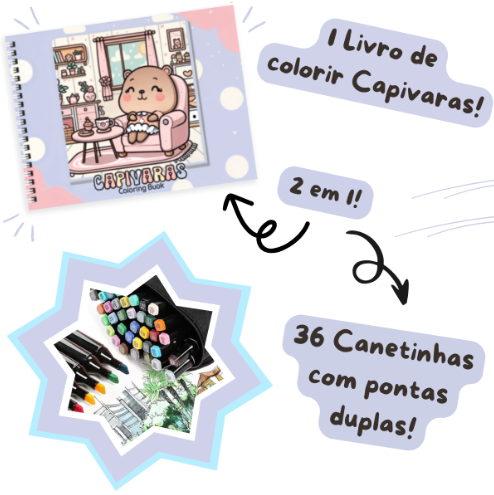 Kit Livro de Colorir CAPIVARA (Roxo) + 36 Canetas – Diversão Criativa com o Animal Mais Fofo do Brasil
