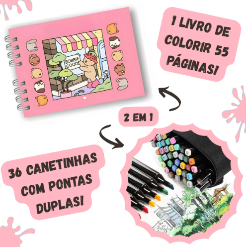 Kit Livro de Colorir Urso Bob (Rosa) + 36 Canetas Coloridas Kids