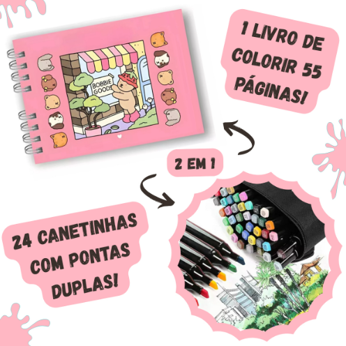 Kit Livro de Colorir Urso Bob (Rosa) + 24 Canetas Coloridas Kids