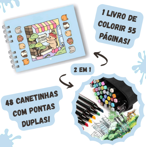 Kit Livro de Colorir URSO BOB (Azul) + 48 Canetas | Criatividade Sem Limites