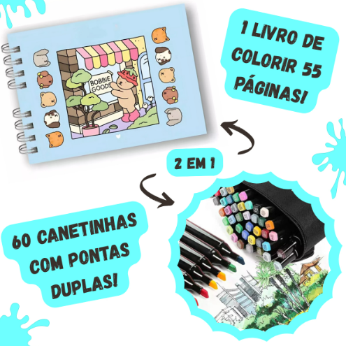 Kit Livro de Colorir URSO BOB (Azul) + 60 Canetas | Criatividade Sem Limites