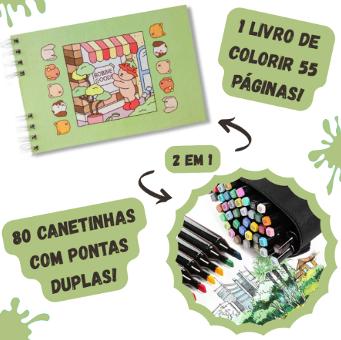 Kit Livro de Colorir URSO BOB (Verde) + 80 Canetas | Criatividade Sem Limites