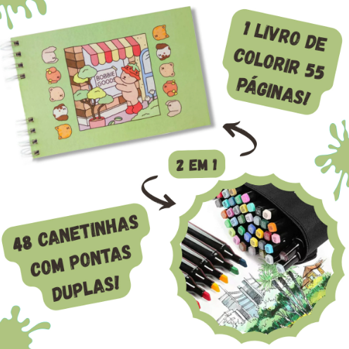 Kit Livro de Colorir URSO BOB (Verde) + 48 Canetas | Criatividade Sem Limites