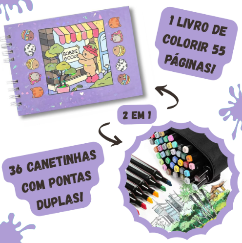Kit Livro de Colorir URSO BOB (Roxo) + 36 Canetas | Criatividade Sem Limites
