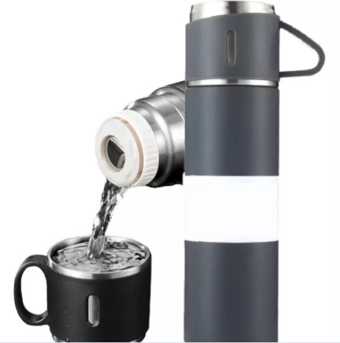 Kit Garrafa Térmica 500ML + 3 Xícaras em Aço Inoxidável - Cinza | Estilo, Durabilidade e Conservação