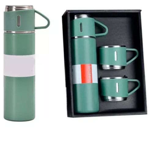 Kit Garrafa Térmica 500ML + 3 Xícaras em Aço Inoxidável - Verde | Estilo, Durabilidade e Conservação