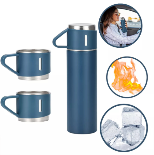 Kit Garrafa Térmica 500ML + 3 Xícaras em Aço Inoxidável - Azul Marinho | Estilo, Durabilidade e Conservação