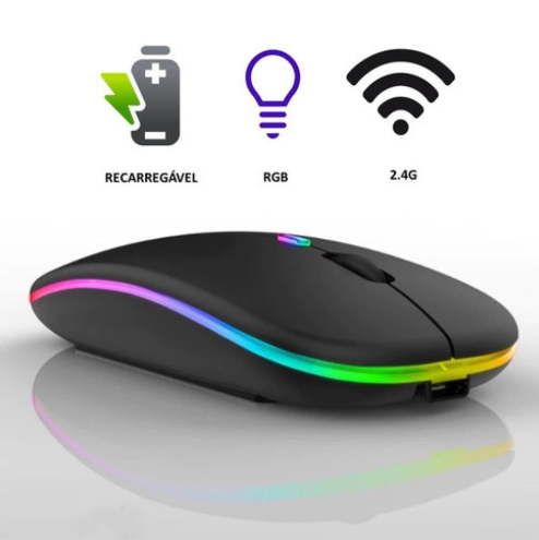Mouse Sem Fio Bluetooth Recarregável com LED Preto – Liberdade, Estilo e Precisão