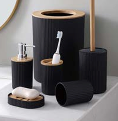 Kit de Acessórios para Banheiro 6 Peças Preto – Design Elegante com Toque Natural de Bambu