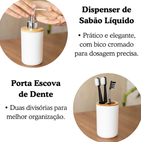 Kit de Acessórios para Banheiro 6 Peças Branco – Design Elegante com Toque Natural de Bambu