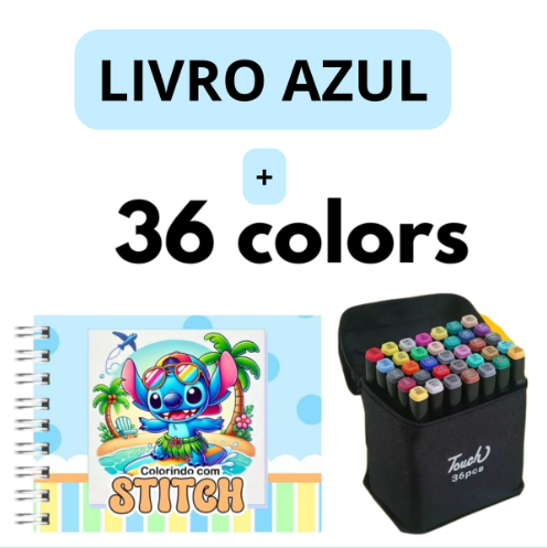 Kit Livro de Colorir + 36 Canetas Dupla Ponta – Tema de Filme (Azul)