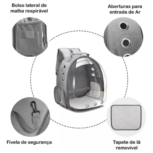Mochila Pet Transporte para Cães e Gatos Cinza – Visão Ampla, Conforto e Segurança em Cada Passeio