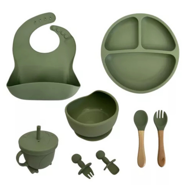 Kit Introdução Alimentar Bebê 8 Peças – Silicone Premium Verde Escuro | Segurança, Praticidade e Muito Estilo na Primeira Refeição