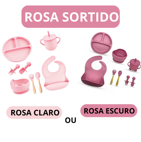 Kit Introdução Alimentar Bebê 8 Peças – Silicone Premium Rosa Escuro ou Claro - Sortidos | Segurança, Praticidade e Muito Estilo na Primeira Refeição