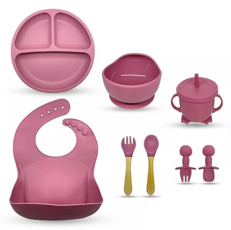 Kit Introdução Alimentar Bebê 8 Peças – Silicone Premium Rosa Escuro ou Claro - Sortidos | Segurança, Praticidade e Muito Estilo na Primeira Refeição