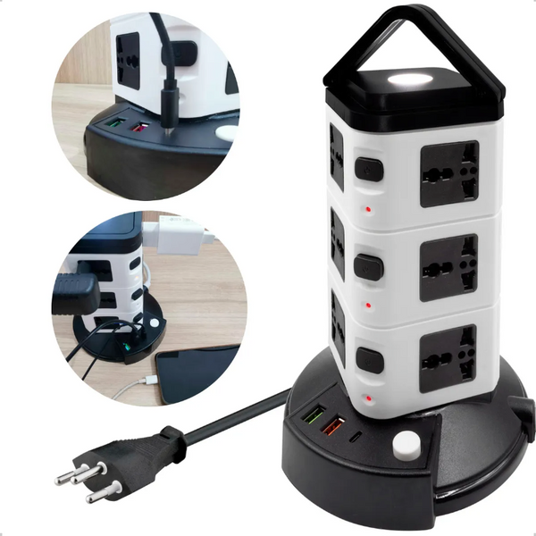 Torre de Tomadas Elétrica com 5 Entradas Universais e 2 Portas USB – Organização, Segurança e Potência ao Seu Alcance