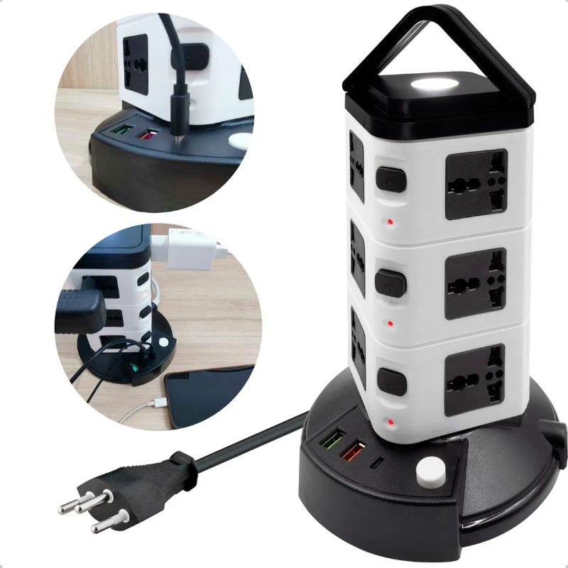 Torre de Tomadas Elétrica com 5 Entradas Universais e 2 Portas USB – Organização, Segurança e Potência ao Seu Alcance