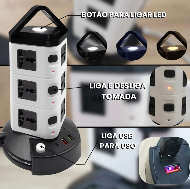 Torre de Tomadas Elétrica com 5 Entradas Universais e 2 Portas USB – Organização, Segurança e Potência ao Seu Alcance