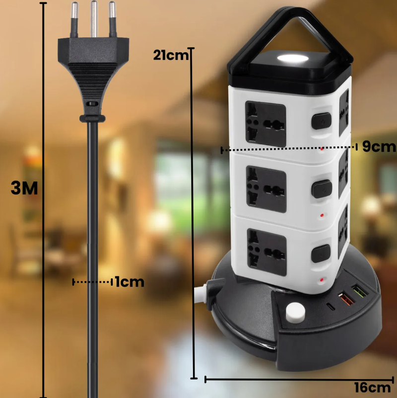 Torre de Tomadas Elétrica com 5 Entradas Universais e 2 Portas USB – Organização, Segurança e Potência ao Seu Alcance