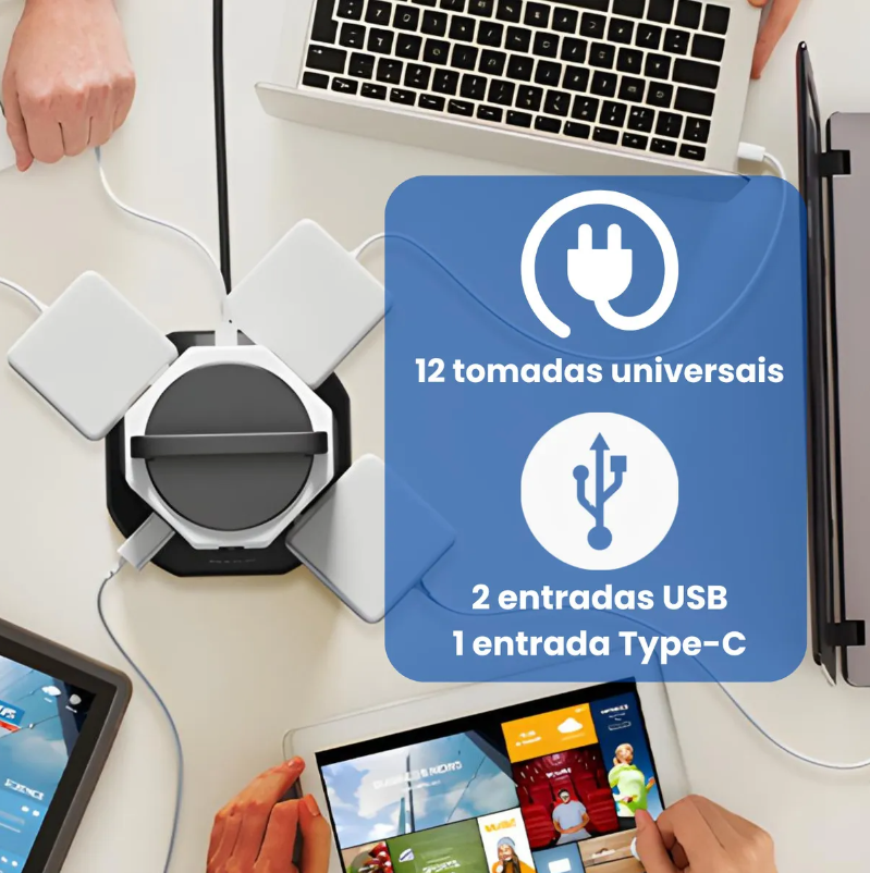 Torre de Tomadas Elétrica com 5 Entradas Universais e 2 Portas USB – Organização, Segurança e Potência ao Seu Alcance