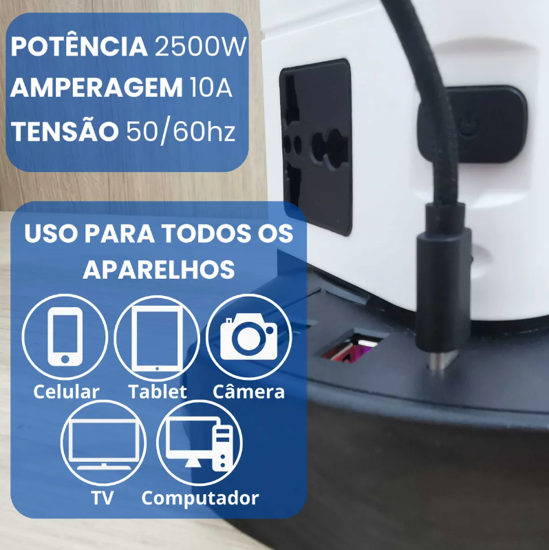 Torre de Tomadas Elétrica com 5 Entradas Universais e 2 Portas USB – Organização, Segurança e Potência ao Seu Alcance
