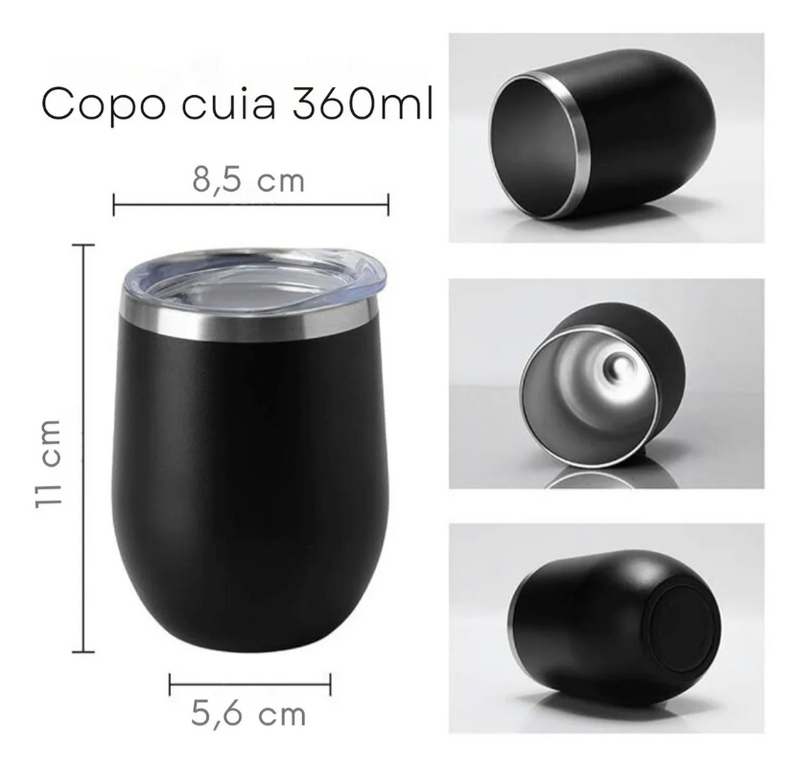 Copo Cuia Térmico Inox com Tampa Antivazamento 360ml – Preto