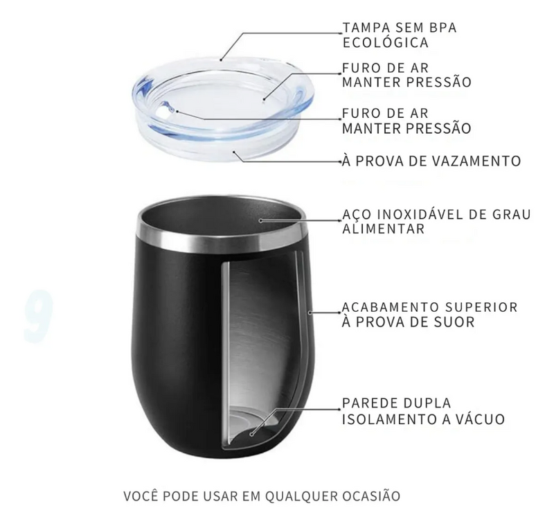 Copo Cuia Térmico Inox com Tampa Antivazamento 360ml – Preto