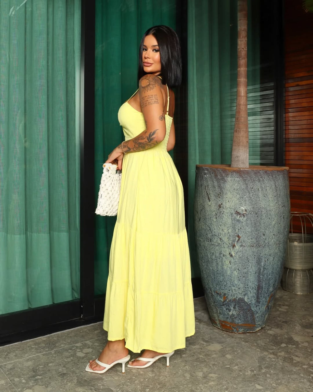 Vestido Bojo Midi Feminino - Amarelo