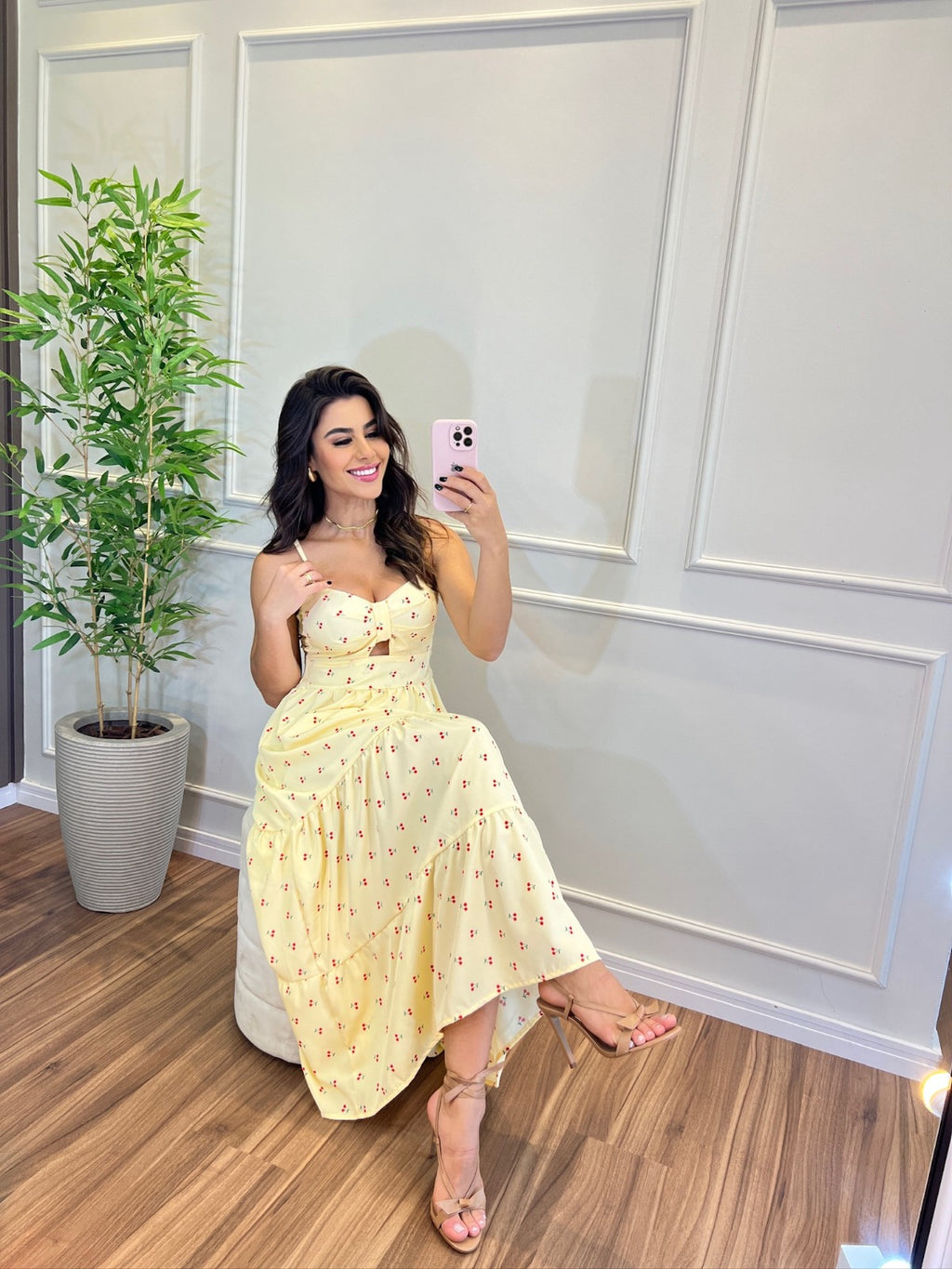 Vestido Mini Cereja Feminino - Amarelo