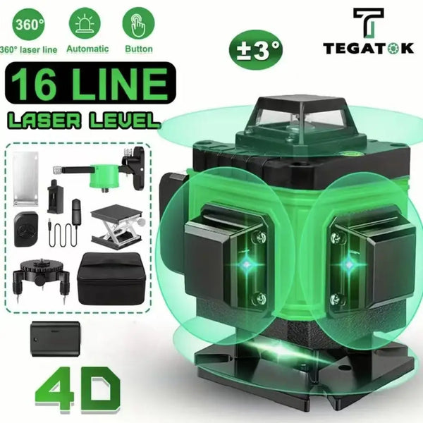 Nível de Laser de Feixe Verde 16 Linhas 360° – Alta Precisão para Construção e DIY
