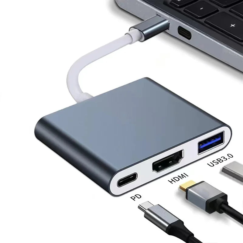 Adaptador Tipo C 3 em 1 para HDMI + USB C + USB 3.0 – Conecte Seus Dispositivos com Facilidade
