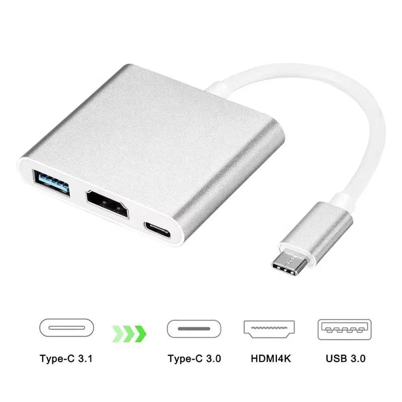 Adaptador Tipo C 3 em 1 para HDMI + USB C + USB 3.0 – Conecte Seus Dispositivos com Facilidade