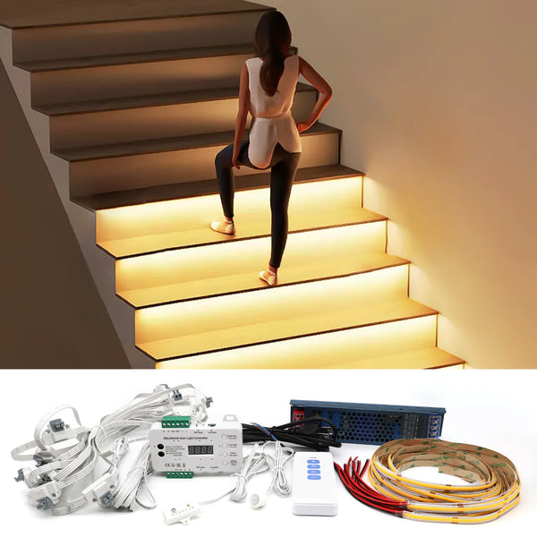 Luz de Escada com Controle Remoto – Sistema Inteligente com Sensor de Movimento e Fita COB LED 3000K