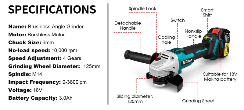 Esmerilhadeira Angular Sem Escova 18V | 125mm | Para Bateria Makita | 2 Velocidades