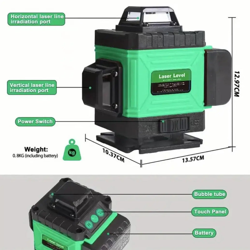 Nível de Laser de Feixe Verde 16 Linhas 360° – Alta Precisão para Construção e DIY